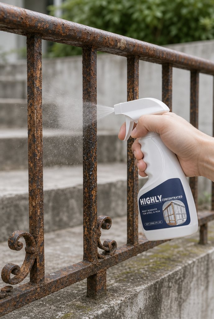RustLift rust remover working on a rusted railing
