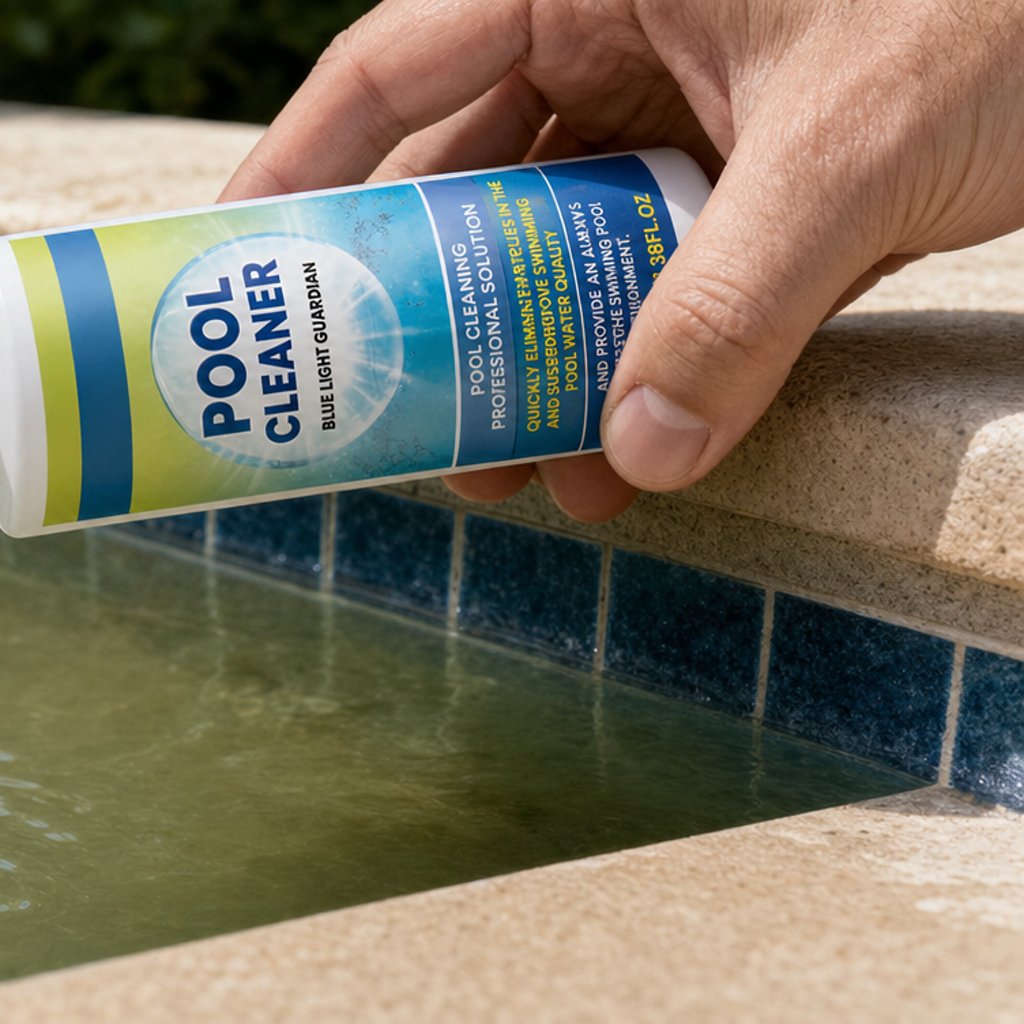 Pouring AquaClear pool cleaner into cloudy pool water
