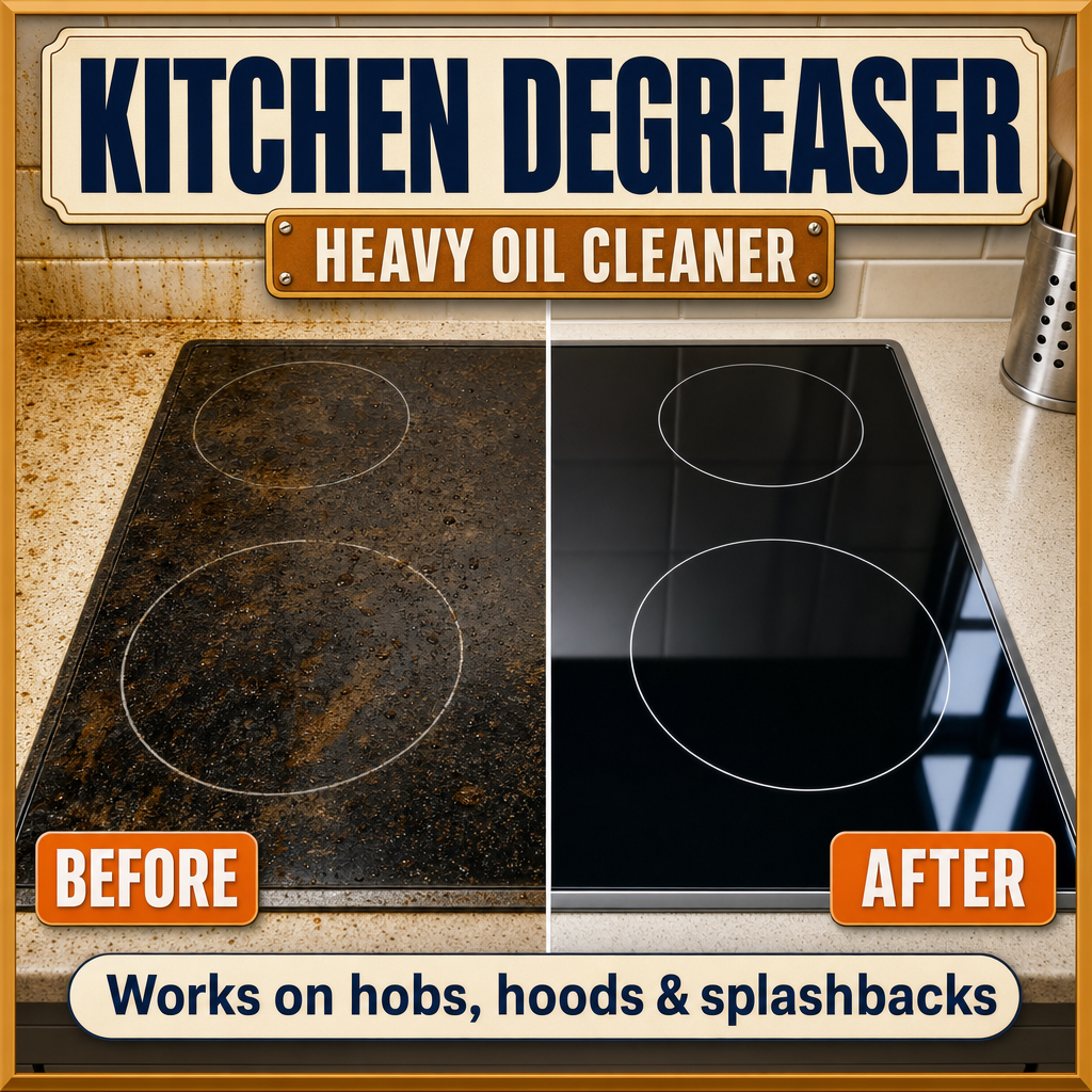LiftOff degreaser before and after on a greasy cooktop