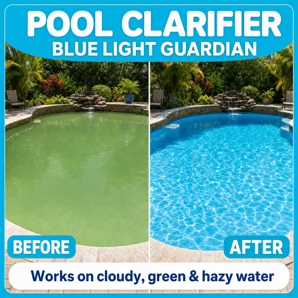 Pool clarifier before and after — cloudy green to clear blue