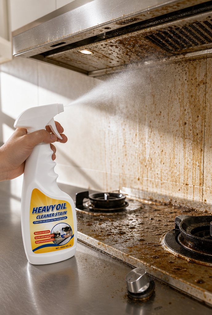 LiftOff degreaser spray working on a greasy stovetop