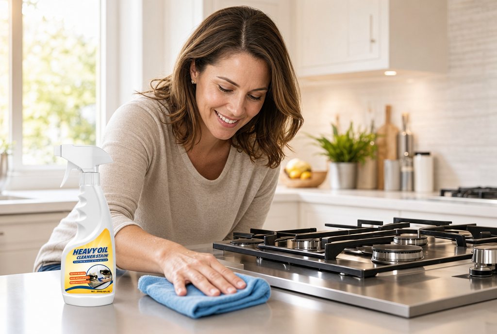 Wiping a clean stovetop, LiftOff degreaser spray on the counter