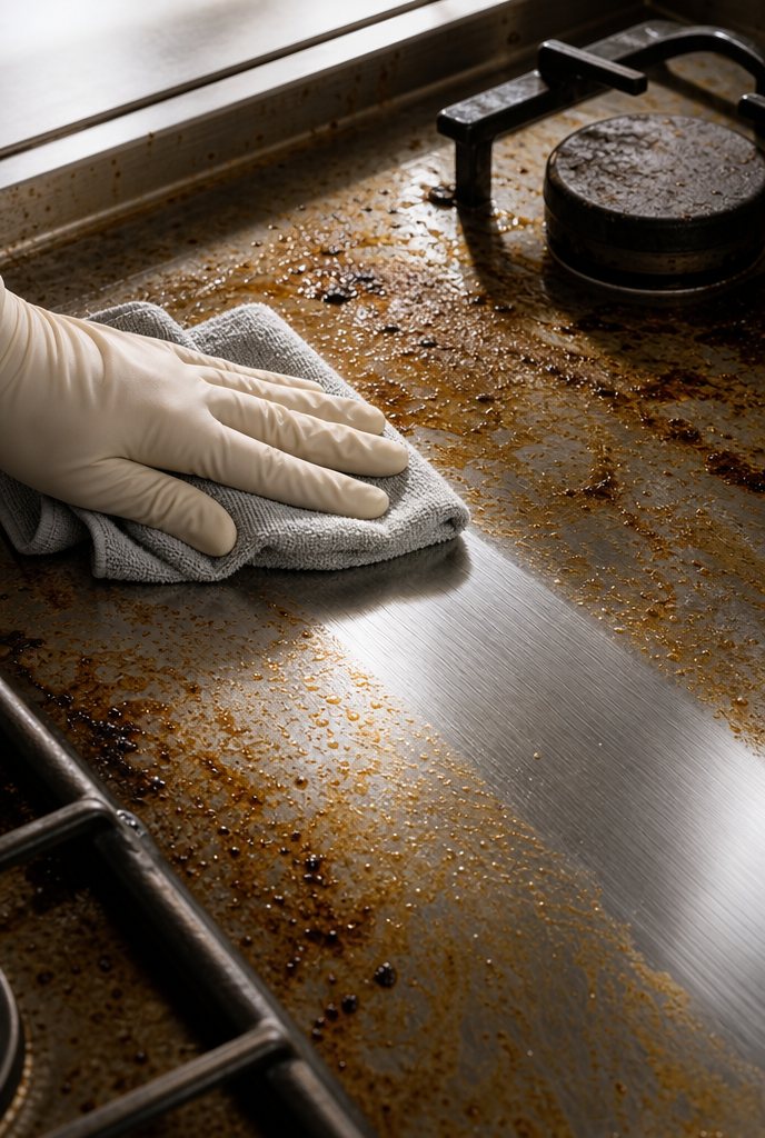 One wipe cutting through baked-on grease