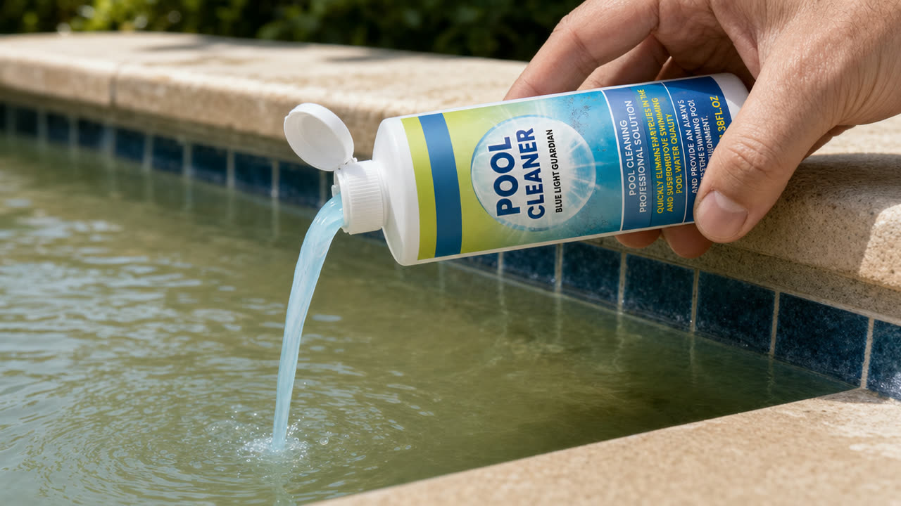 Pouring AquaClear pool clarifier into cloudy water