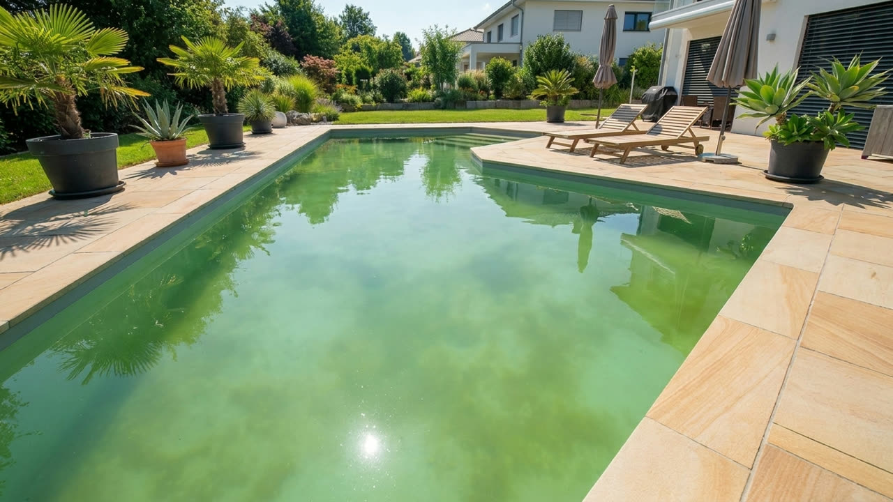 Swimming pool with cloudy green water