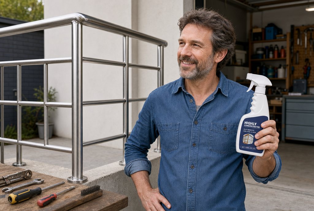 A restored metal railing, RustLift rust remover in hand